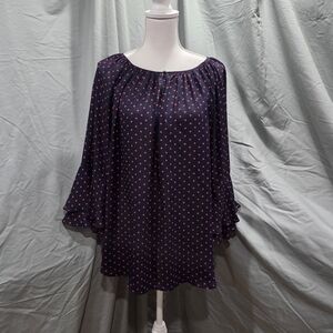 Chaps Dark Blue Sheer Top with Red Dots